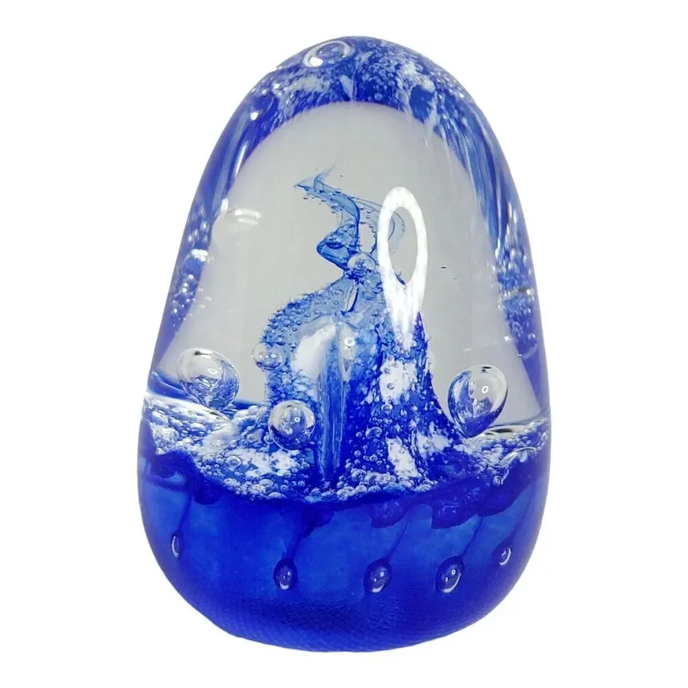Vingate Glass Cobalt Blue Bubbles and Swirls Blown Glass‎ Paperweight Signed 3